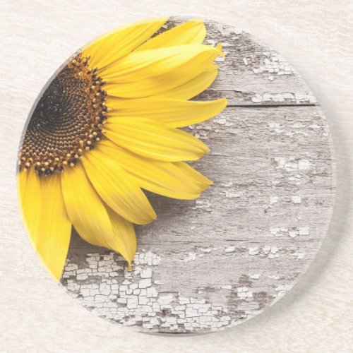 Sunflower on a Wooden Table Sandstone Coaster