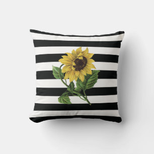 Sunflower on Black and White Stripes Throw Pillow