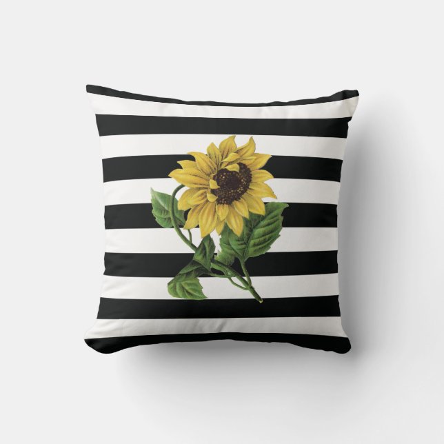 Sunflower on Black and White Stripes Throw Pillow (Front)