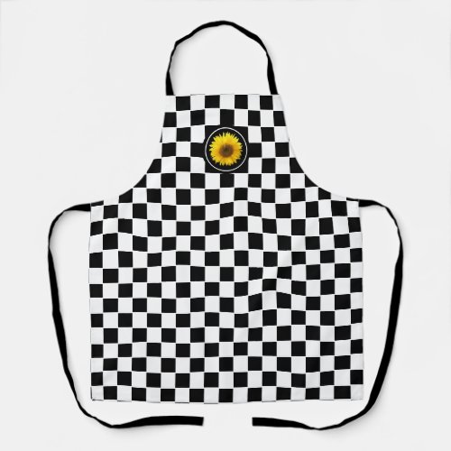 Sunflower on Black White Checkerboard Pattern Apron