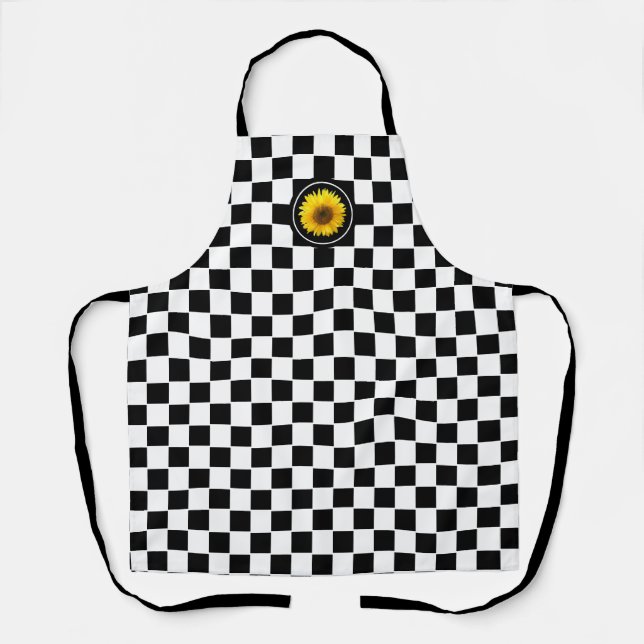 Sunflower on Black White Checkerboard Pattern Apron (Front)