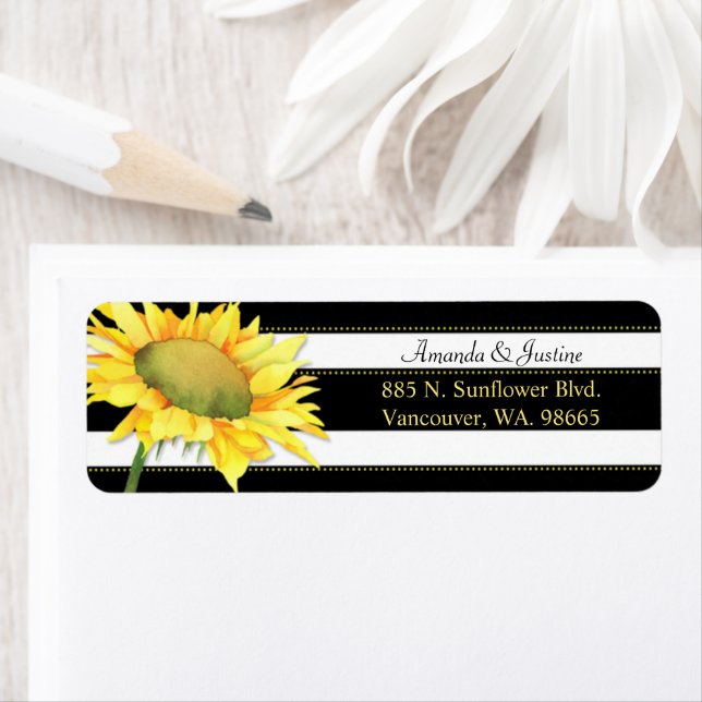 Sunflower on Black & White Stripes Wedding Address Label (Insitu)