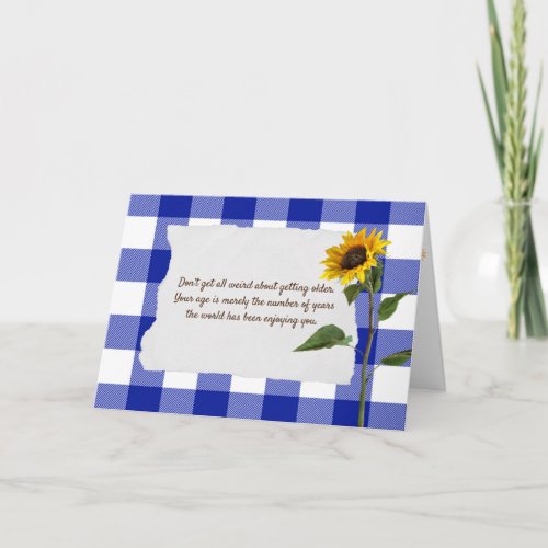 sunflower on blue and white plaid birthday card