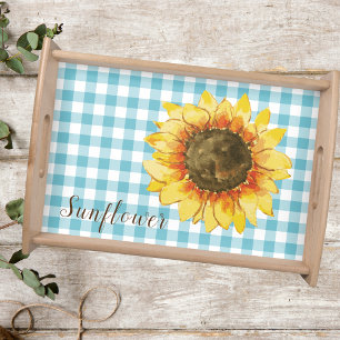 Sunflower on Blue Gingham Serving Tray