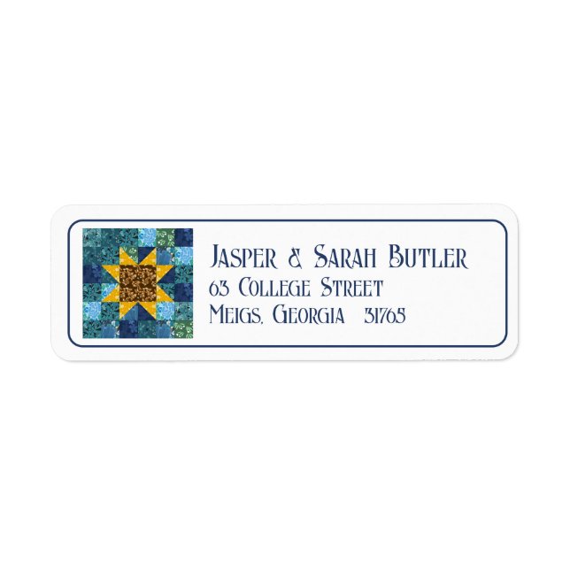 Sunflower on Blue Patchwork Quilt Geometric Floral Label (Front)