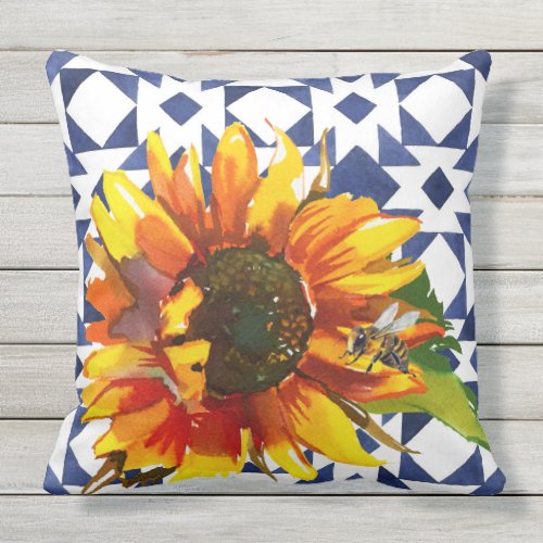 Sunflower on Blue & White Quilt w/ Bee Pillow