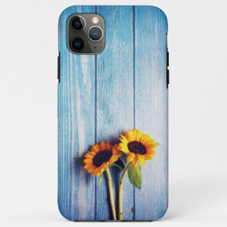 Sunflower on Blue Wood Wall iPhone 11 Pro Max Case