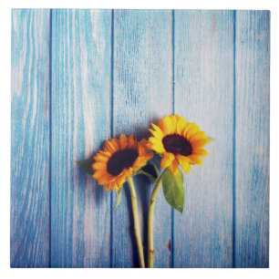Sunflower on Blue Wood Wall Ceramic Tile