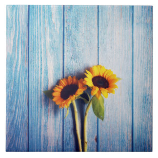 Sunflower on Blue Wood Wall Ceramic Tile