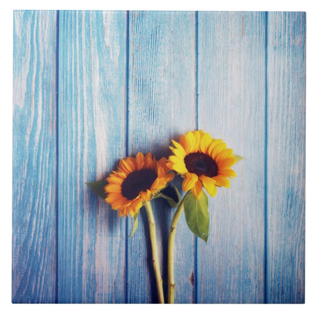 Sunflower on Blue Wood Wall Ceramic Tile (Front)
