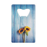 Sunflower on Blue Wood Wall Credit Card Bottle Opener