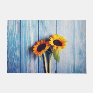Sunflower on Blue Wood Wall Doormat