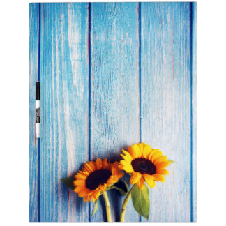 Sunflower on Blue Wood Wall Dry Erase Board