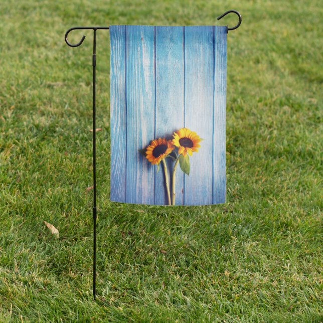Sunflower on Blue Wood Wall Garden Flag (In SItu)