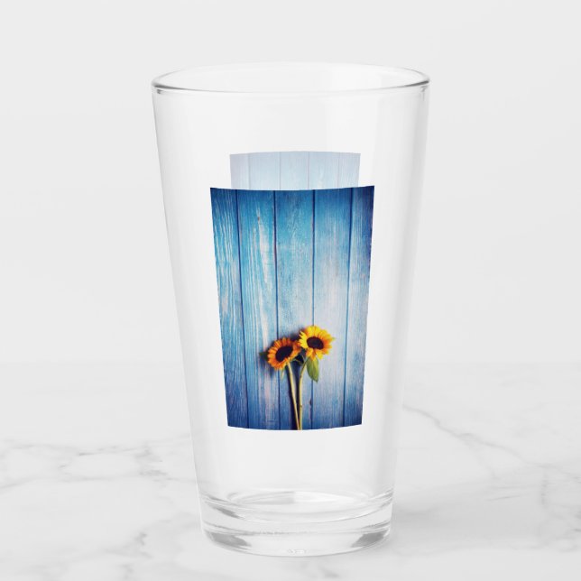 Sunflower on Blue Wood Wall Glass (Front)