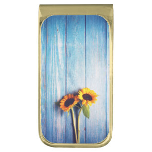 Sunflower on Blue Wood Wall Gold Finish Money Clip