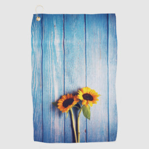 Sunflower on Blue Wood Wall Golf Towel