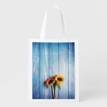 Sunflower on Blue Wood Wall Grocery Bag