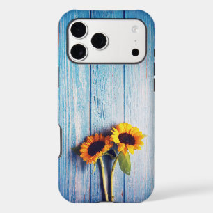 Sunflower on Blue Wood Wall iPhone 17 Pro Max Case