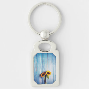Sunflower on Blue Wood Wall Keychain
