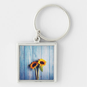 Sunflower on Blue Wood Wall Keychain