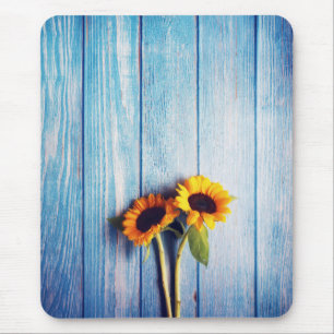 Sunflower on Blue Wood Wall Mouse Pad