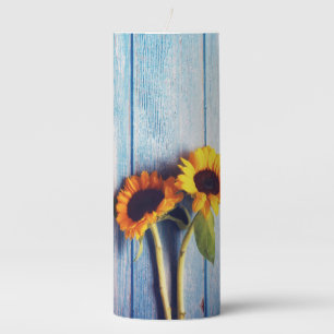 Sunflower on Blue Wood Wall Pillar Candle