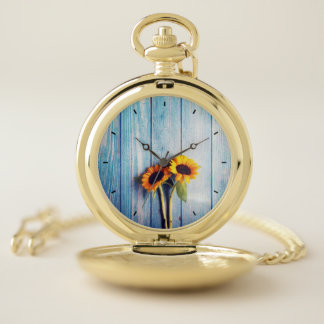 Sunflower on Blue Wood Wall Pocket Watch