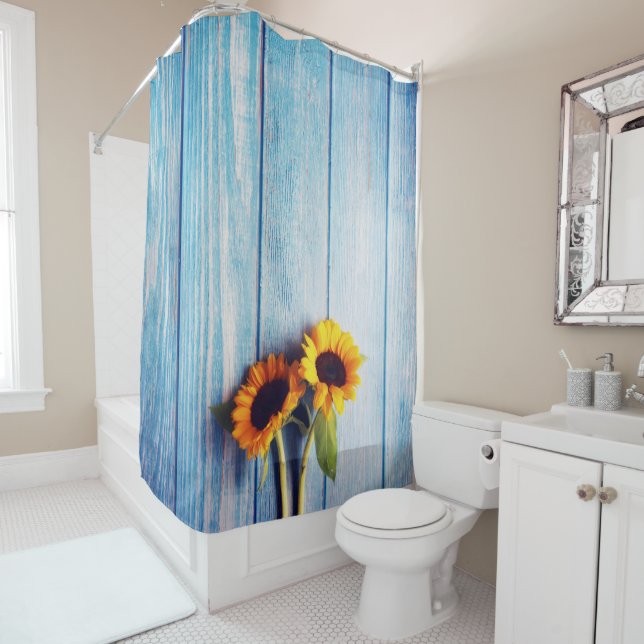Sunflower on Blue Wood Wall Shower Curtain (In Situ)