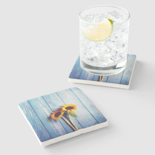Sunflower on Blue Wood Wall Stone Coaster