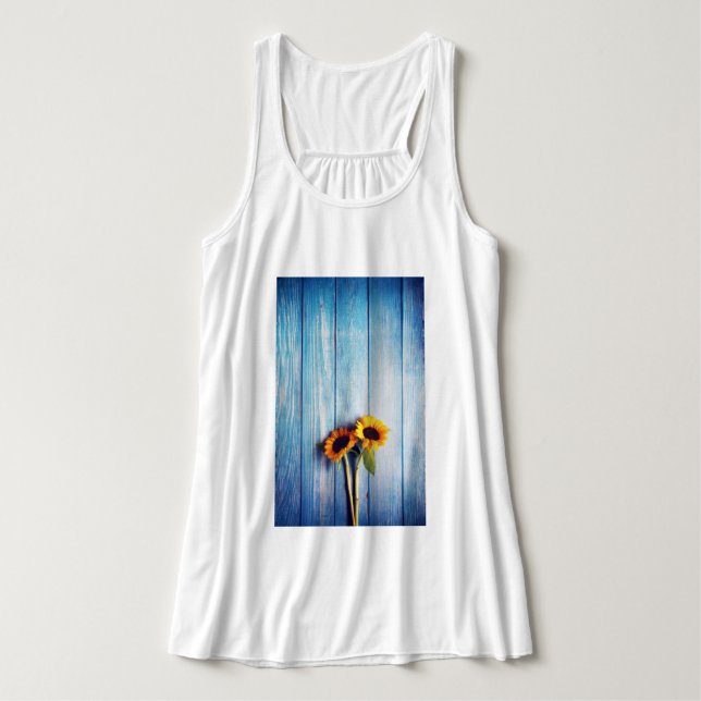 Sunflower on Blue Wood Wall Tank Top (Design Front)