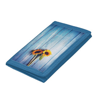 Sunflower on Blue Wood Wall Trifold Wallet