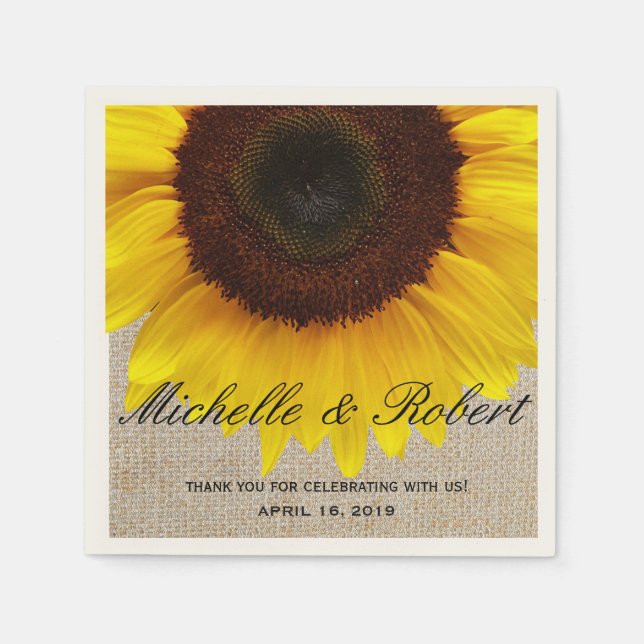 Sunflower on Burlap Rustic Country Wedding Custom Paper Napkins (Front)