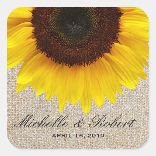 Sunflower on Burlap Rustic Country Wedding Custom Square Sticker