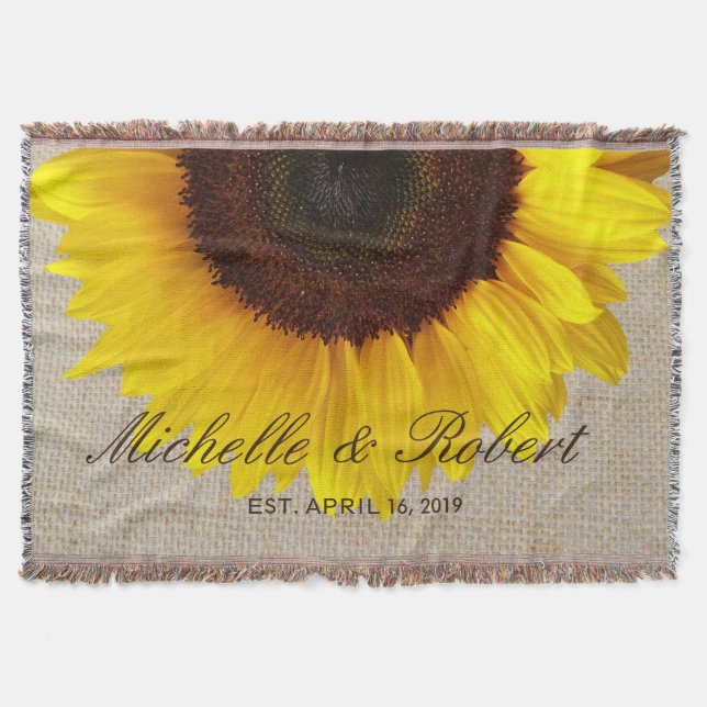 Sunflower on Burlap Rustic Country Wedding Custom Throw Blanket (Front)
