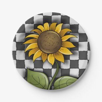 Sunflower On Checkered Background Paper Plates by Iggys_World at Zazzle