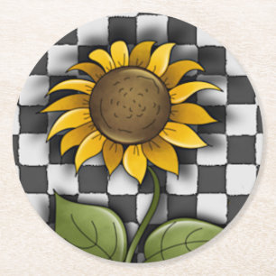 Sunflower on Checkered Background Round Paper Coaster