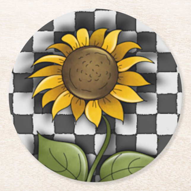Sunflower on Checkered Background Round Paper Coaster (Front)