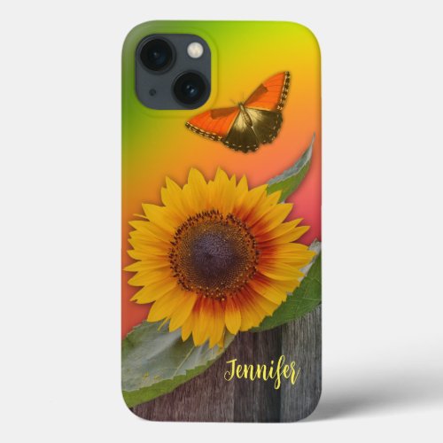 Sunflower on colourful background and custom name iPhone 13 case