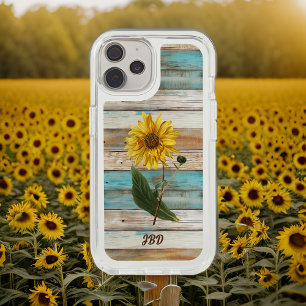 Sunflower on Faux Green Weathered Wood Initials iPhone 15 Case