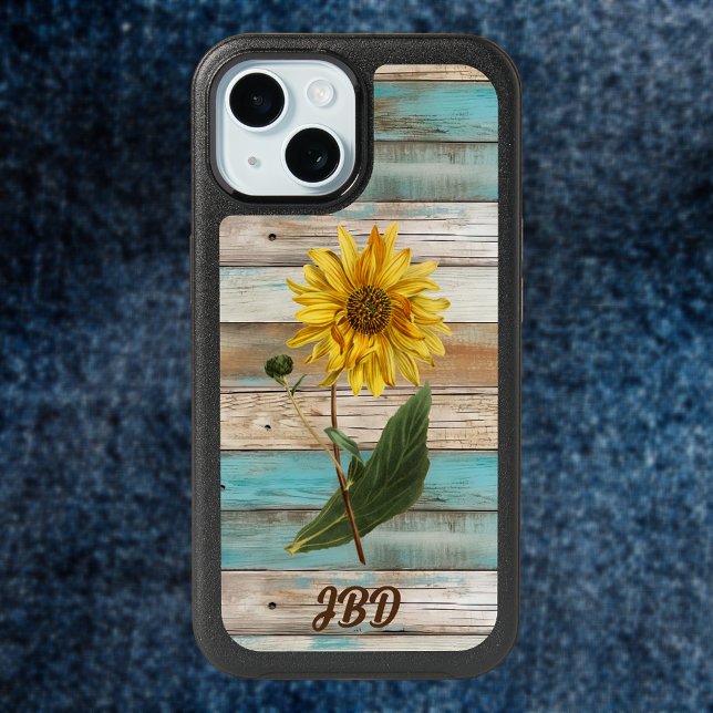Sunflower on Faux Green Weathered Wood Monogram iPhone 15 Case (Creator Uploaded)
