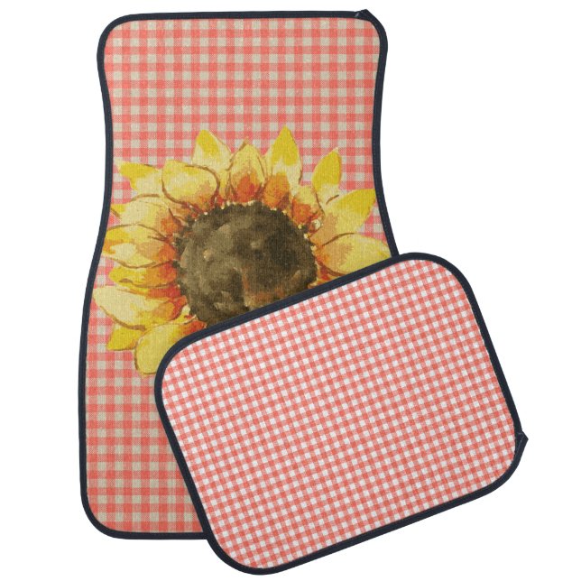 Sunflower on Gingham Car Floor Mat (Set)