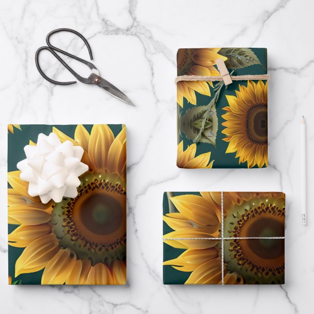 Sunflower on Green backdrop Wrapping Paper Sheets (Front)