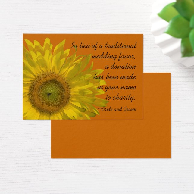 Sunflower on Orange Wedding Charity Favor Card (Desk)