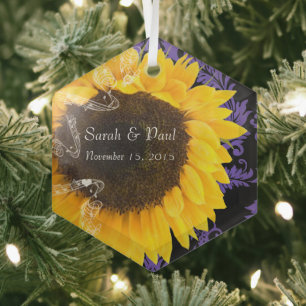 Sunflower on Purple Damask Wedding Christmas Glass Ornament