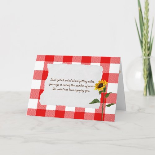 sunflower on red and white buffalo plaid birthday card