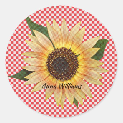 sunflower on red and white plaid classic round sticker