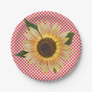 sunflower on red and white plaid paper plates