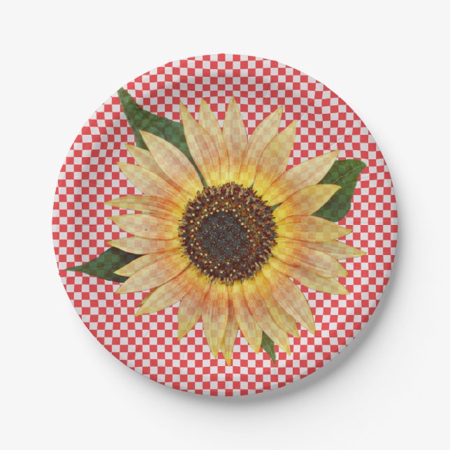 sunflower on red and white plaid paper plates (Front)
