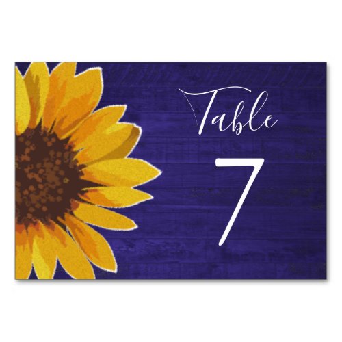 Sunflower on Rustic Navy Blue Wood Wedding Table Number